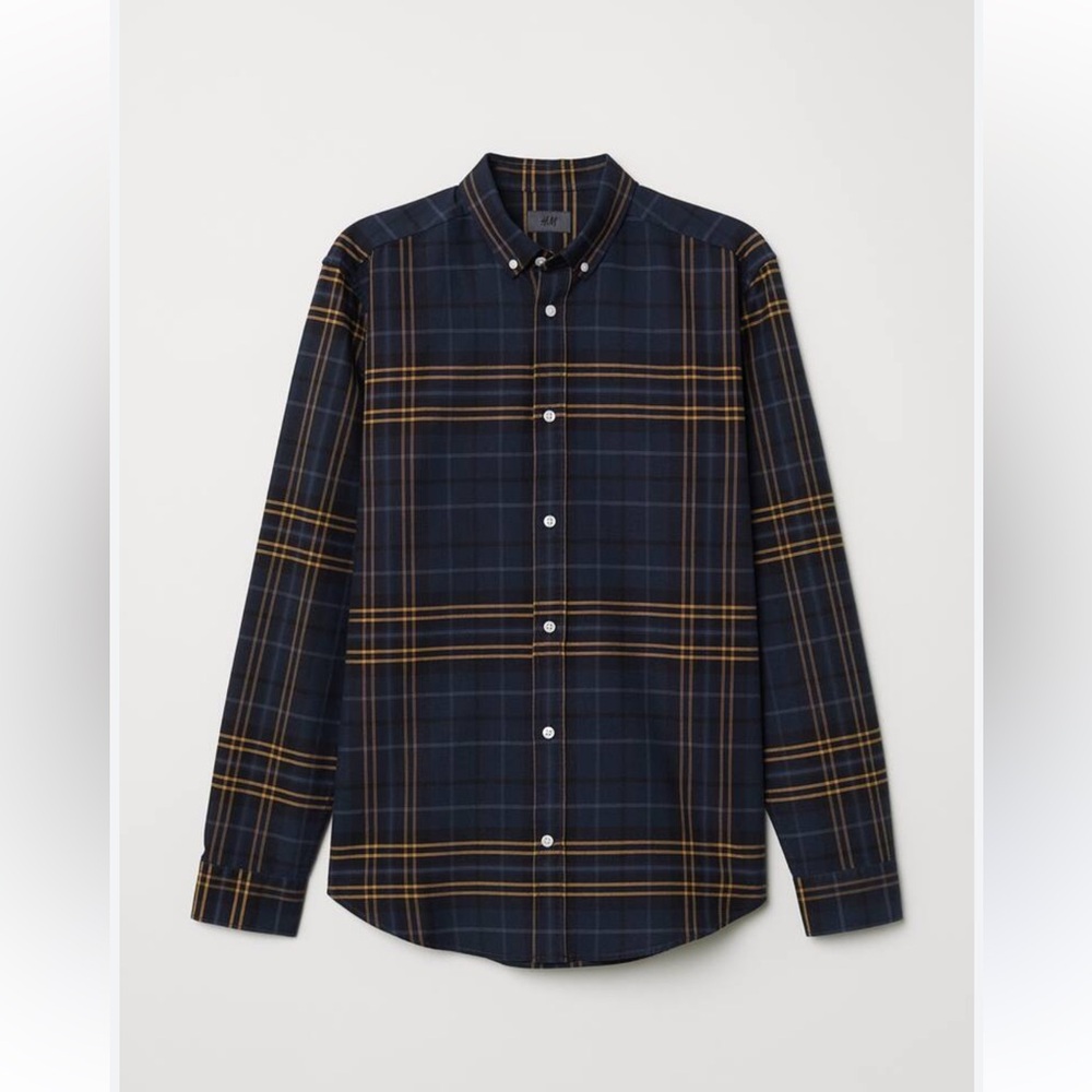 H&M Navy and Gold Plaid Button-Down Shirt
